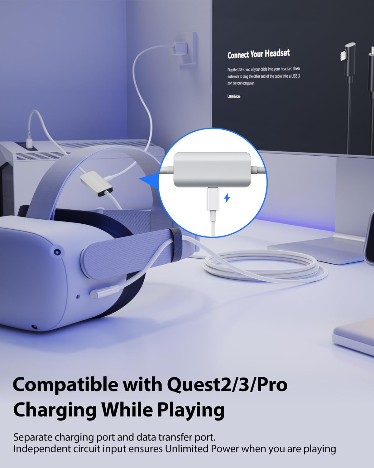Link Cable 5M Compatible with Meta Quest3/Quest2/Pro/PICO 4/Neo, Separate Charging Port for Ultra-Durable Power Supply, Type A to C Data Transfer Link Cable for Gaming PC