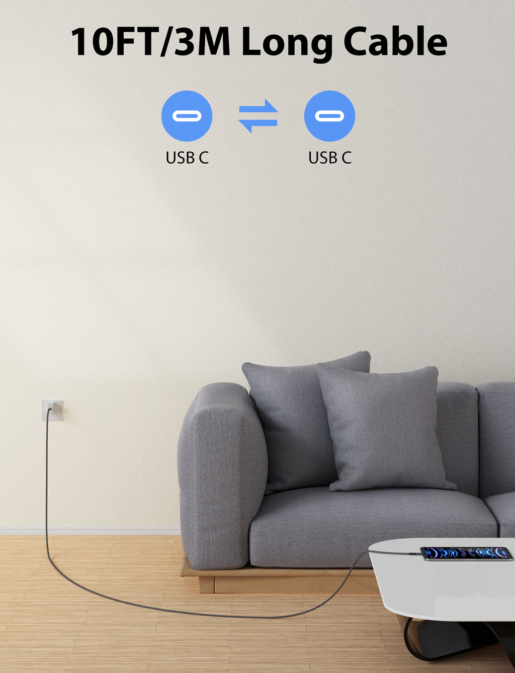 USB C to USB C Cable Fast Charging [10ft 100W] Nylon Braided