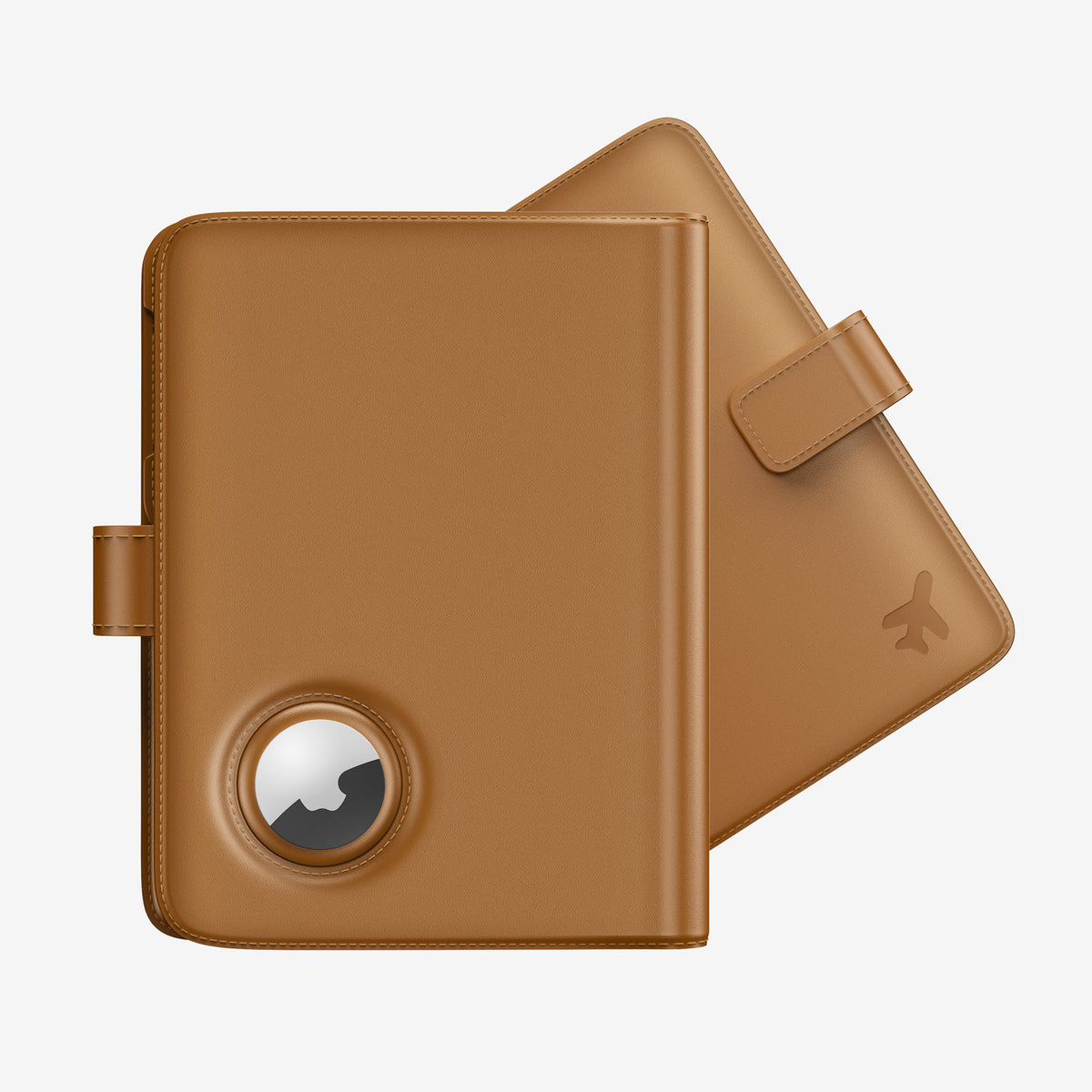 MagSafe passport holder in brown with detachable magnetic card wallet for travel organization.