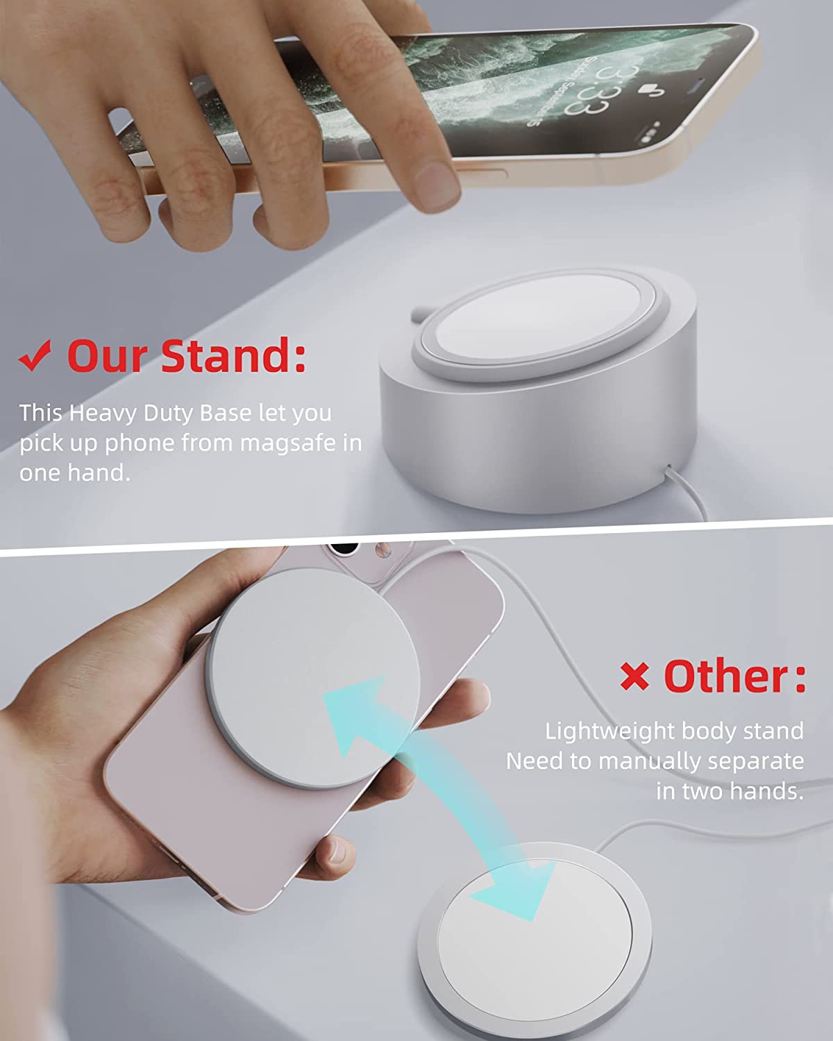 MagSafe Charger Stand Wireless Charging Heavy Duty Premium Metal Holder Mount Base Desktop Dock for iPhone 16/15/14/13/12-Silver